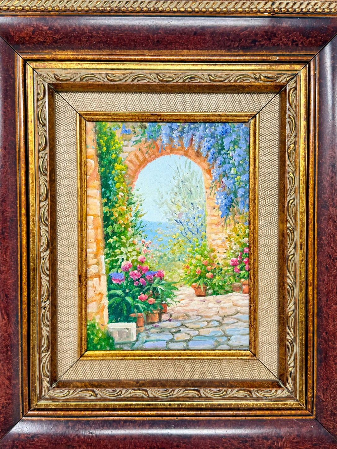 Flower Garden Oil Painting in Decorative Brown & Gold Frame – Garden Wall Art