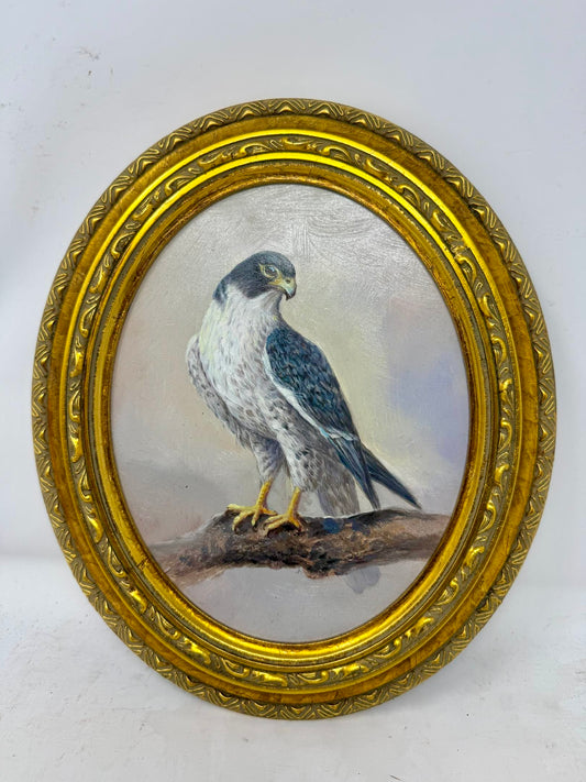 Watchful Perch | Framed Bird of Prey Oil Painting in Ornate Oval Gold Frame