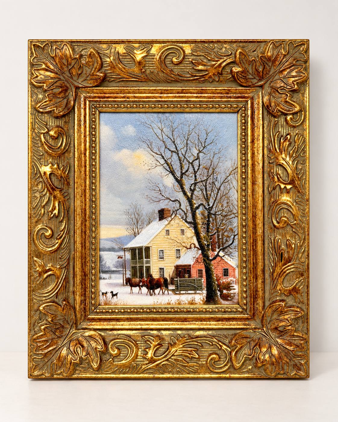 Winter Farmhouse Landscape Oil Painting with Decorative Gold Frame