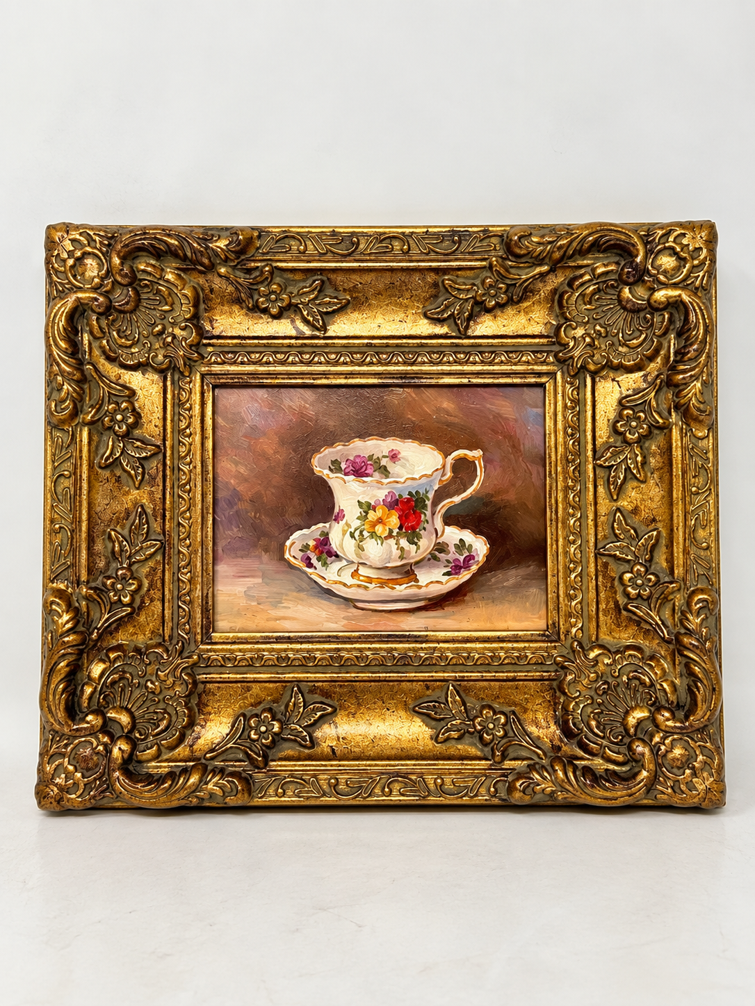 Framed Floral Teacup Oil Painting | Elegant Still Life Wall Art