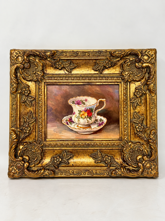 Framed Floral Teacup Oil Painting | Elegant Still Life Wall Art