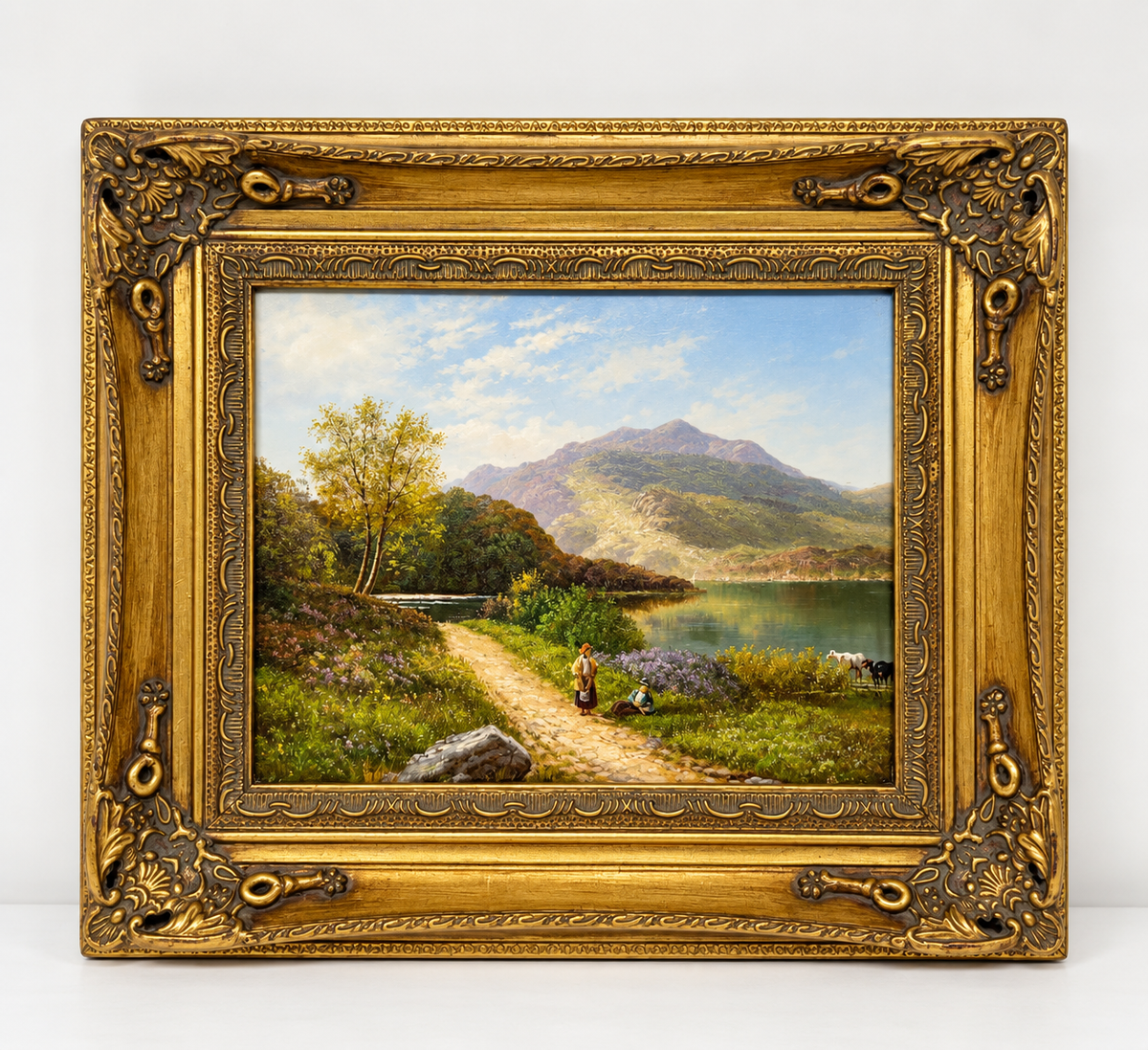 Mountain Lake Landscape Oil Painting in Decorative Gold Frame