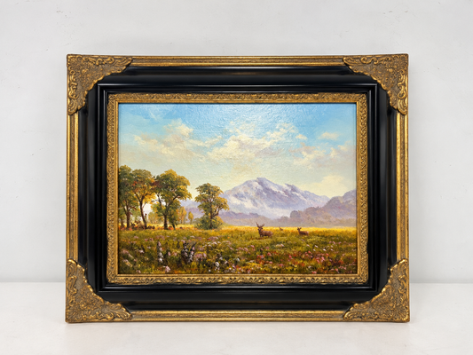 Mountain Meadow with Deer Oil Painting in Decorative Black & Gold Frame