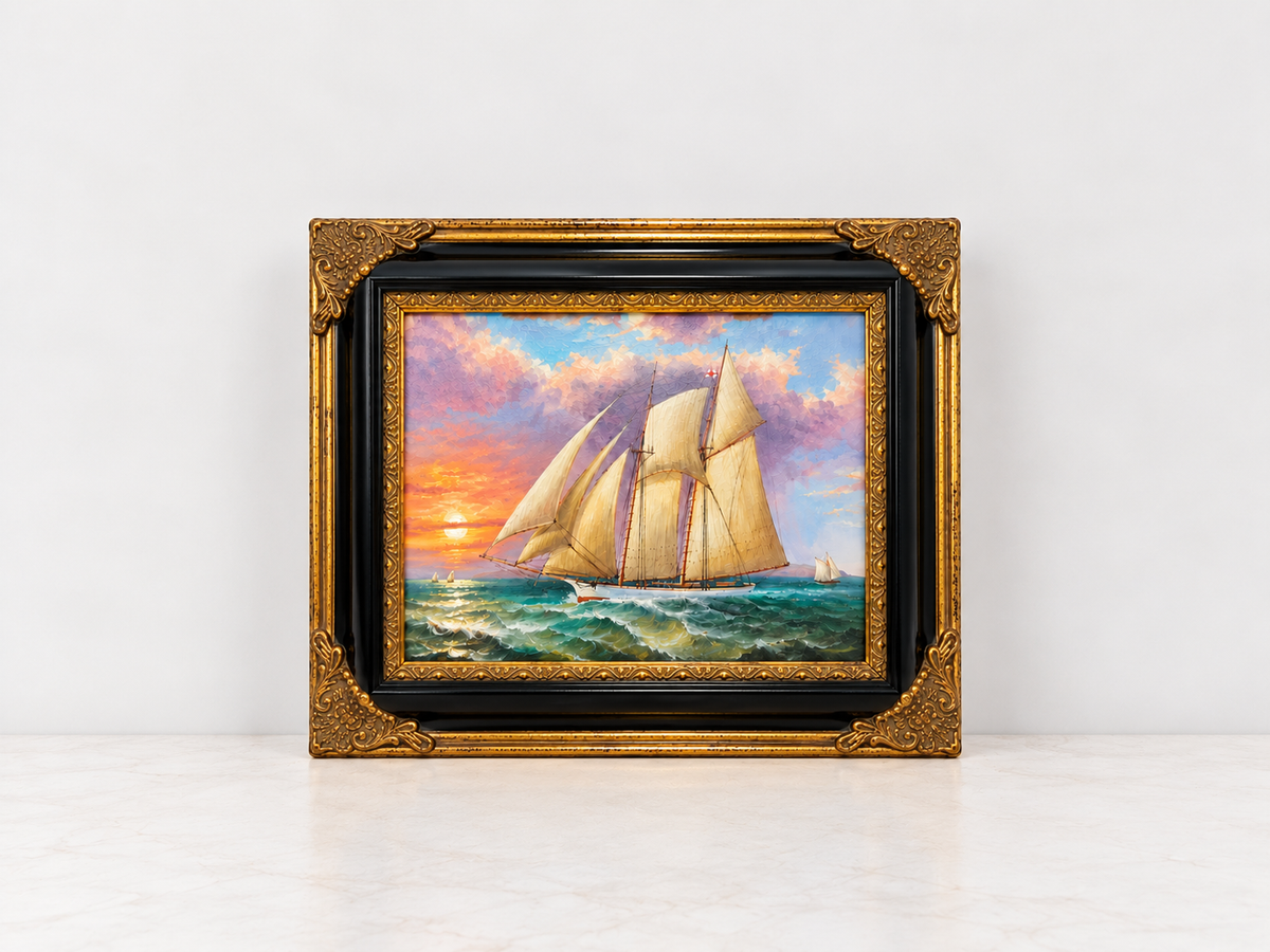 Golden Sails at Dusk – Framed Seascape Oil Painting