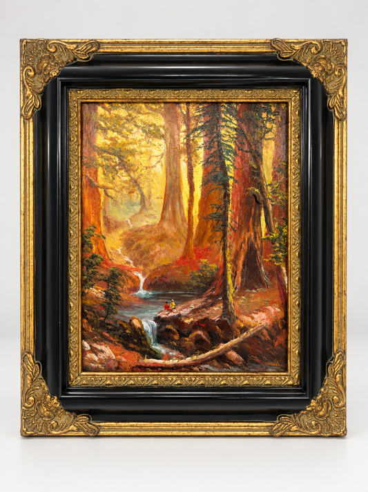 Redwood Forest Stream Oil Painting in Decorative Black & Gold Frame