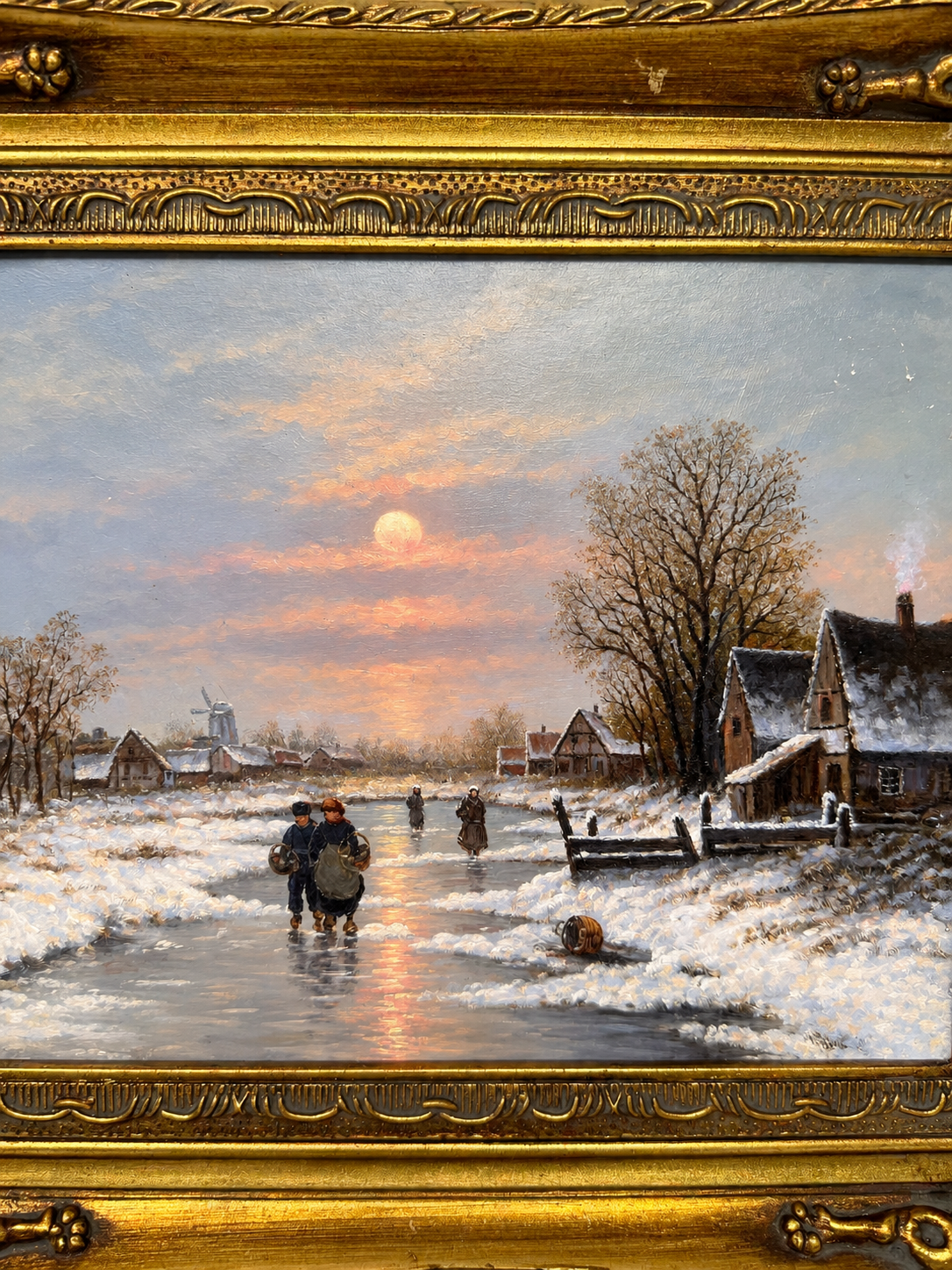 Winter Glow | Framed Snowy Village Oil Painting