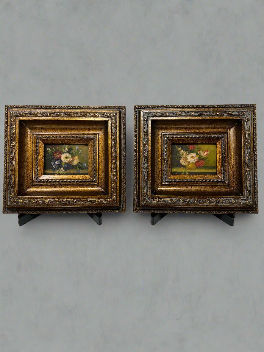 Charming Antique Floral Pair in Ornate Frames - Classic Elegance in Miniature