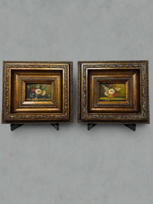 Charming Antique Floral Pair in Ornate Frames - Classic Elegance in Miniature