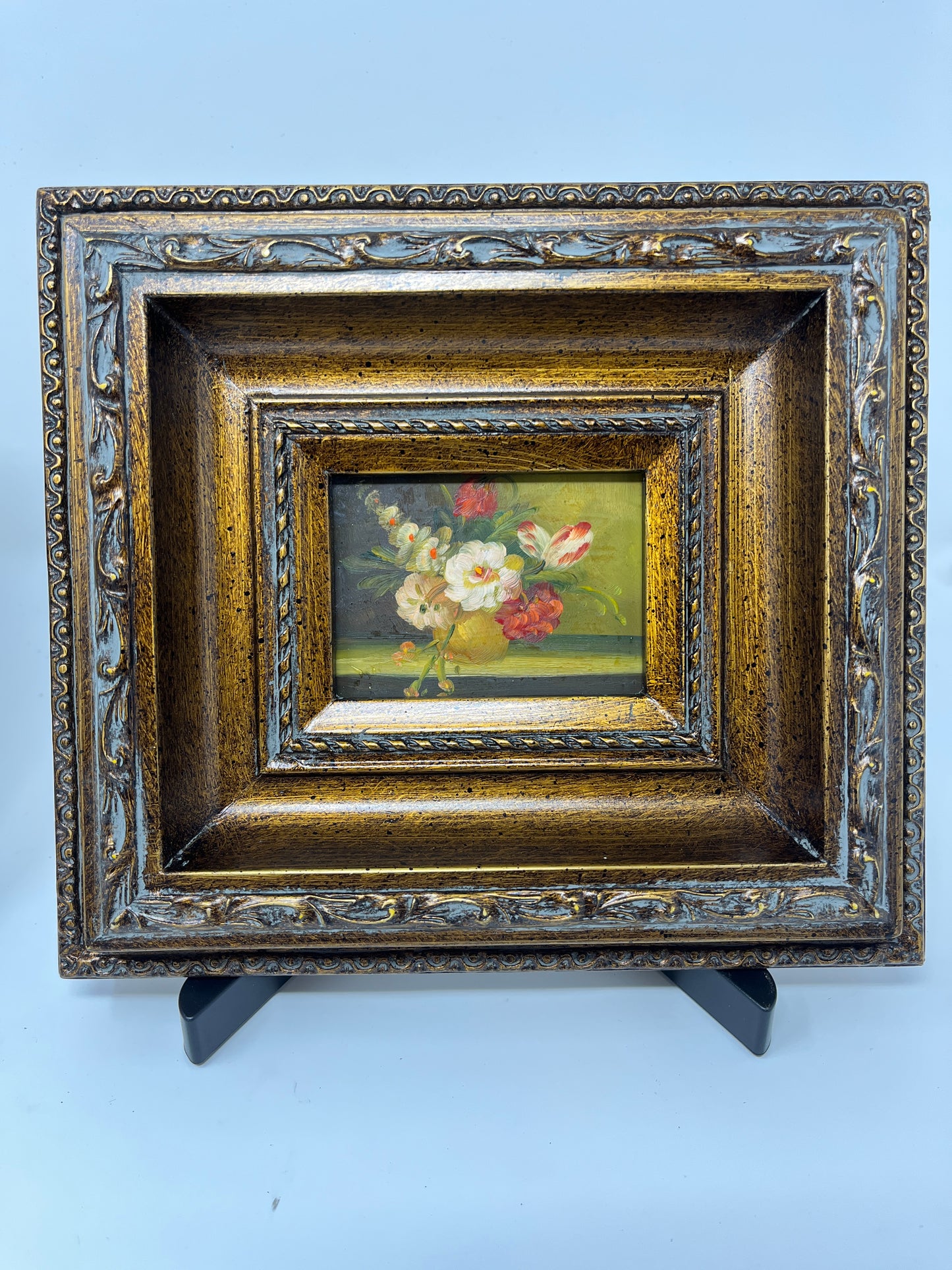 Charming Antique Floral Pair in Ornate Frames - Classic Elegance in Miniature