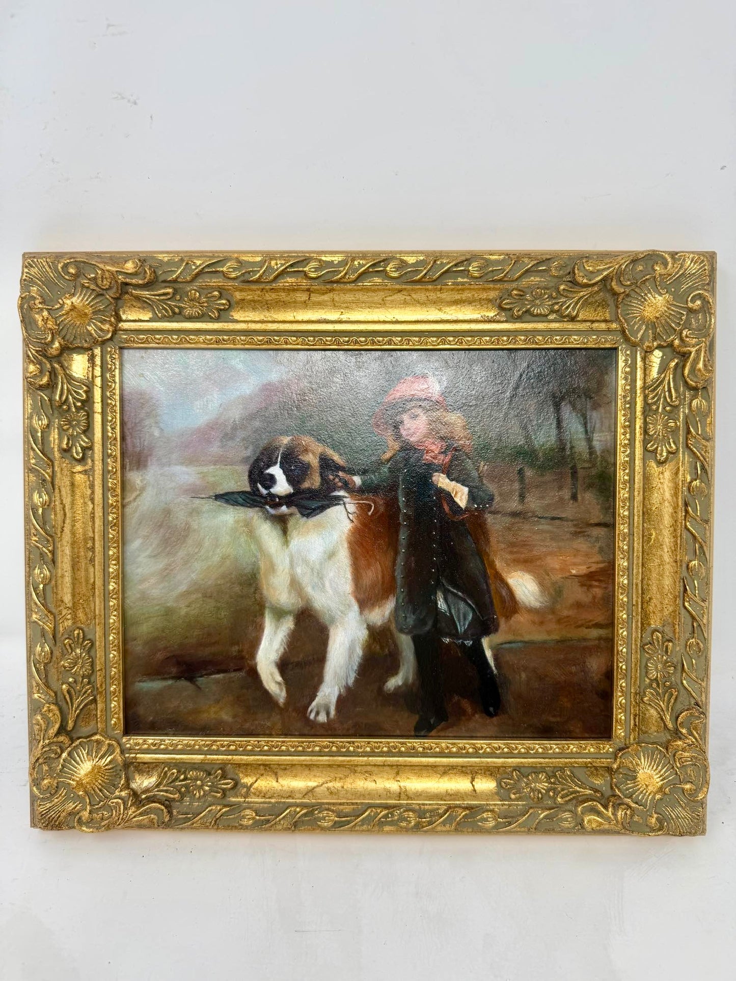 A Walk Together Framed Girl and Dog Painting Gold Frame Wall Art