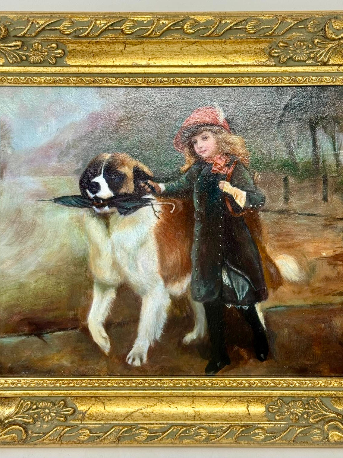 A Walk Together Framed Girl and Dog Painting Gold Frame Wall Art