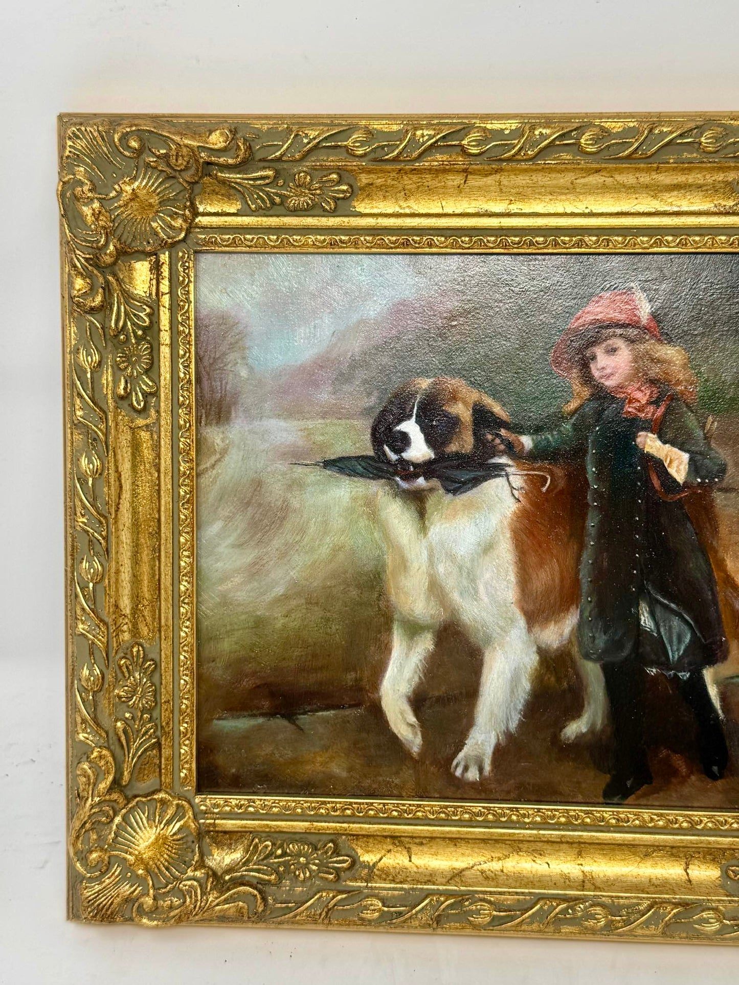 A Walk Together Framed Girl and Dog Painting Gold Frame Wall Art