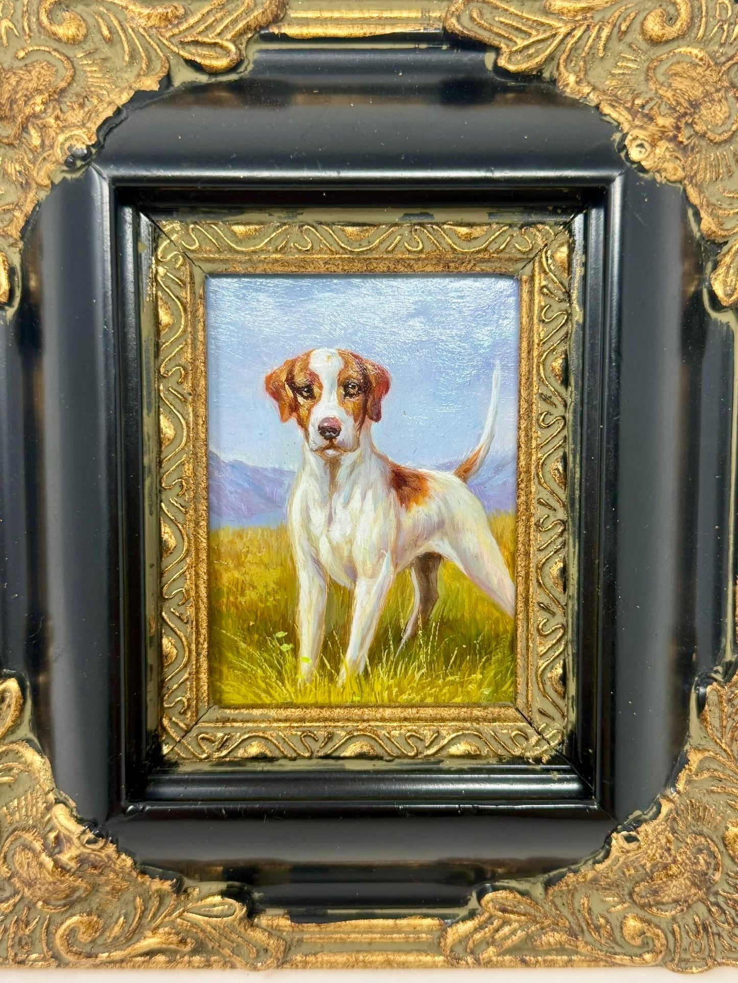 Framed Country Dog Painting Black Gold Frame Animal Wall Art