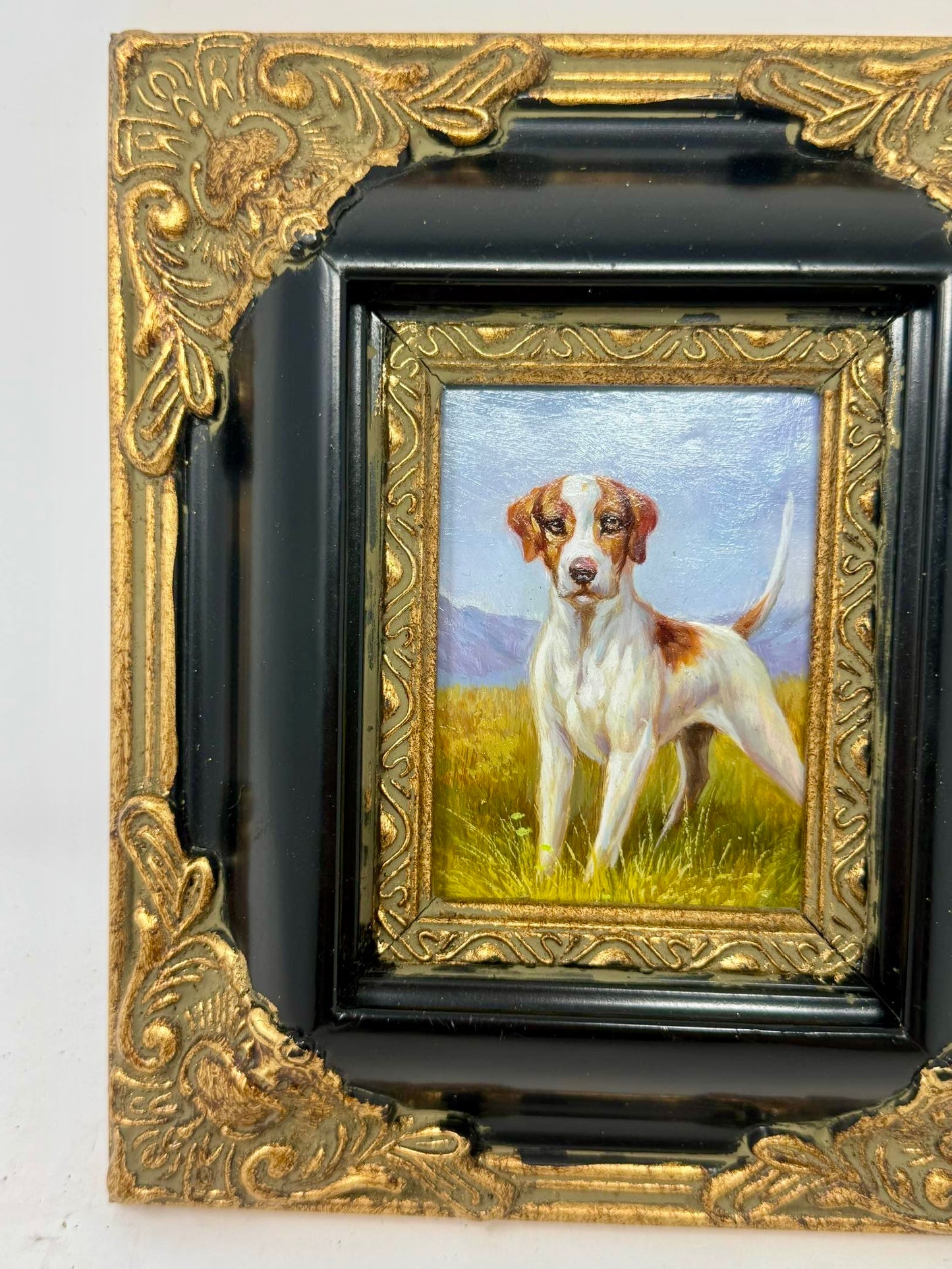 Framed Country Dog Painting Black Gold Frame Animal Wall Art
