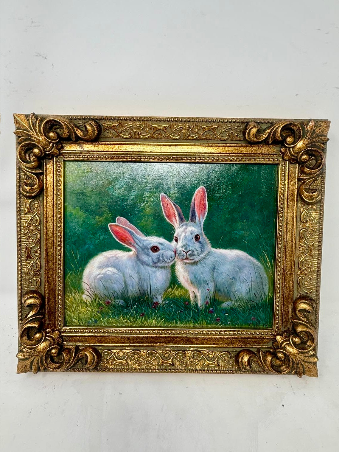 Vintage White Bunny Rabbit Painting Ornate Gold Frame Wall Art