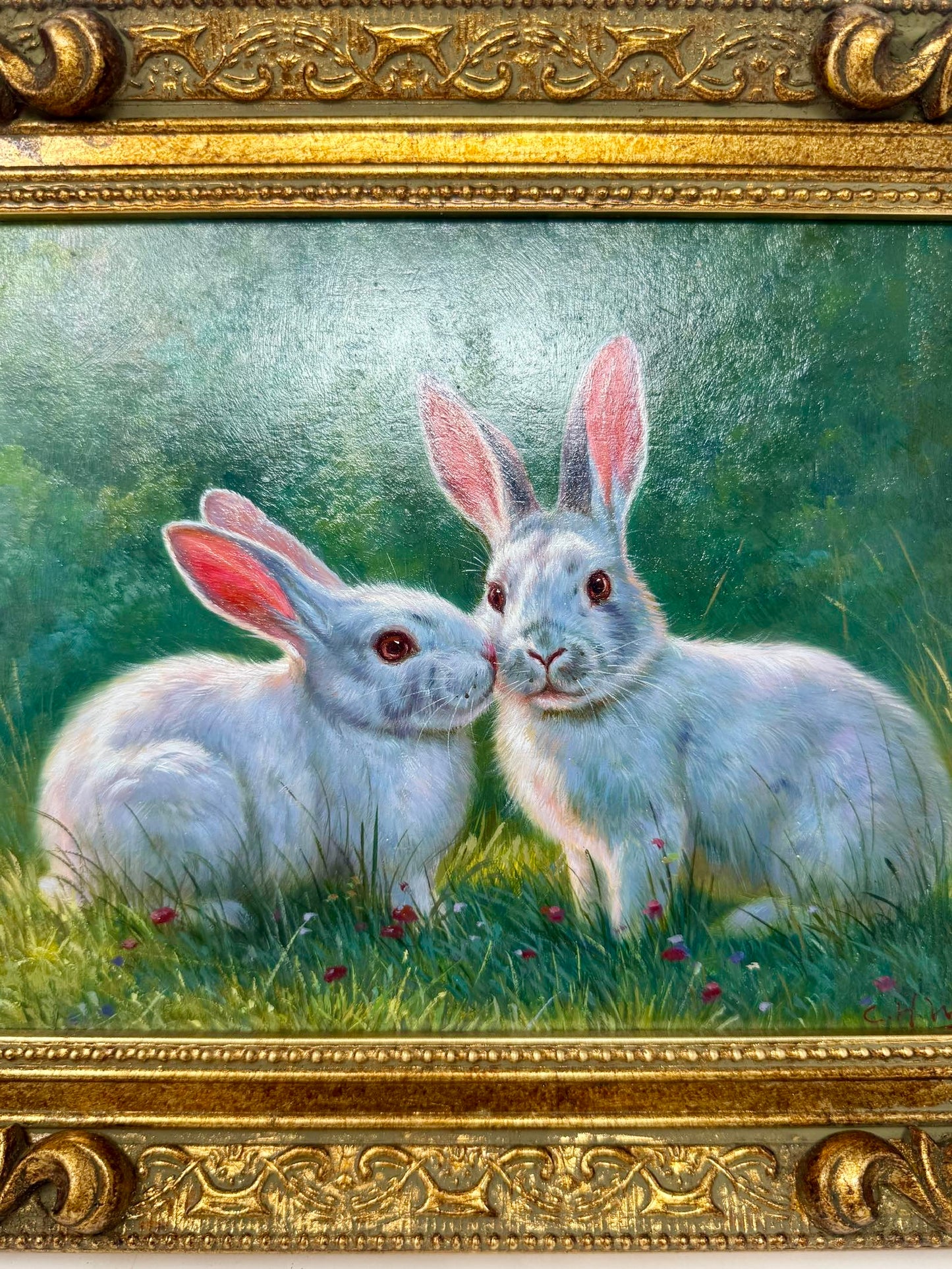 Vintage White Bunny Rabbit Painting Ornate Gold Frame Wall Art