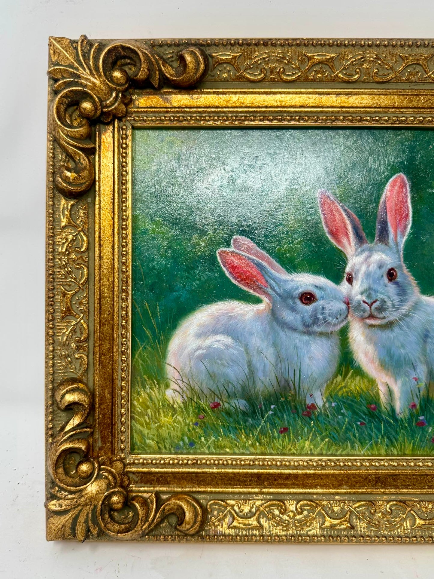 Vintage White Bunny Rabbit Painting Ornate Gold Frame Wall Art