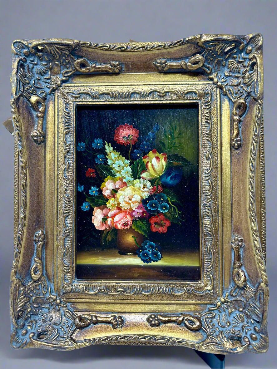 Vibrant Floral Oil Painting in Ornate Gold Frame