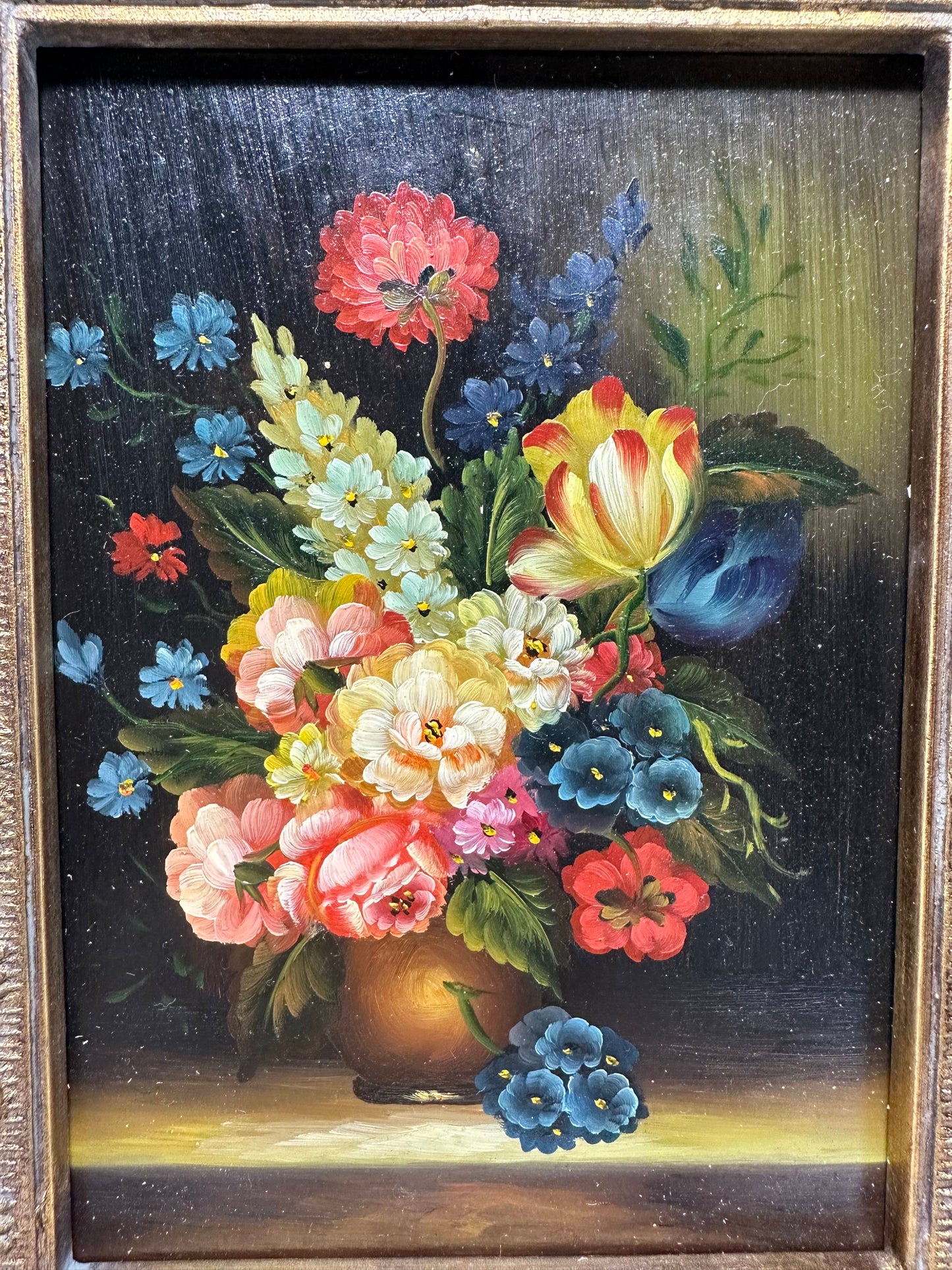 Vibrant Floral Oil Painting in Ornate Gold Frame