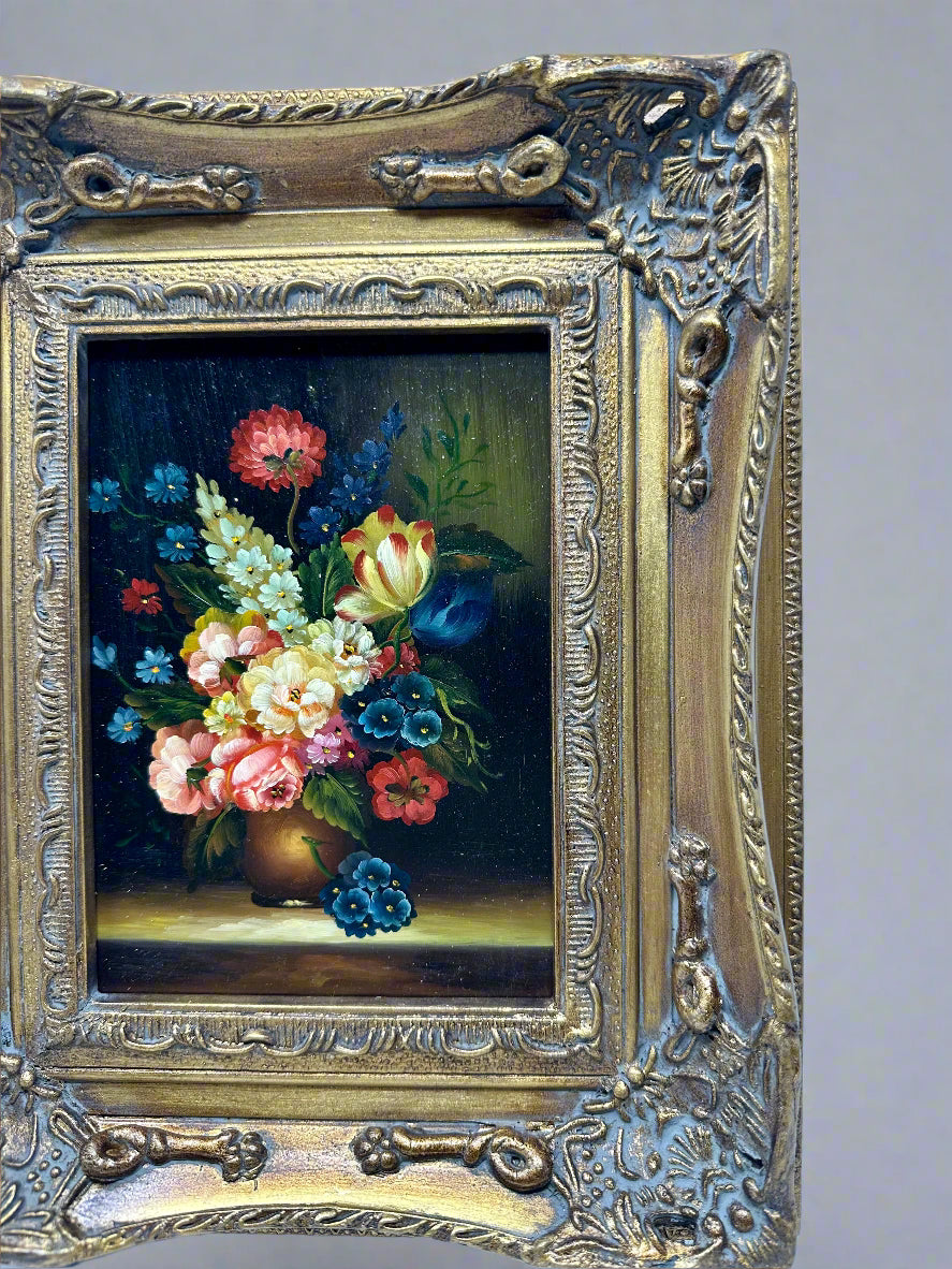 Vibrant Floral Oil Painting in Ornate Gold Frame