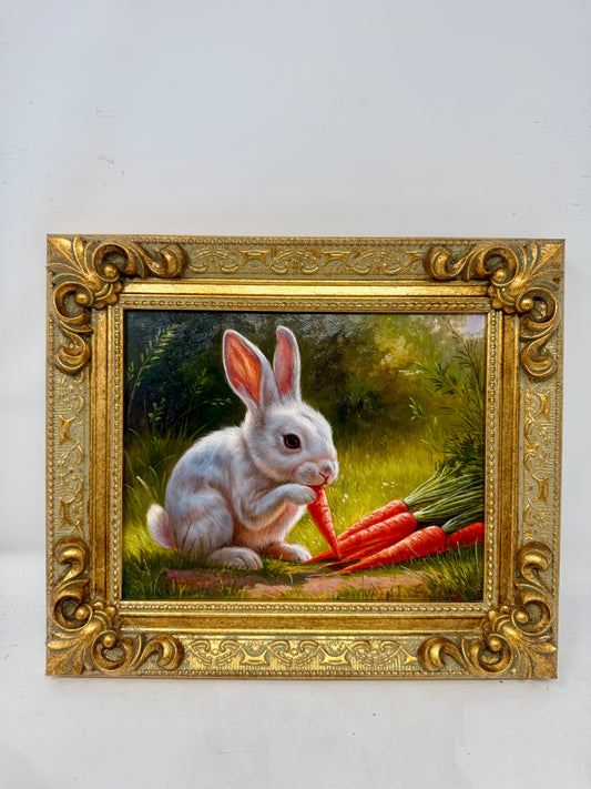 Framed Bunny Carrot Garden Painting Ornate Gold Frame Wall Art