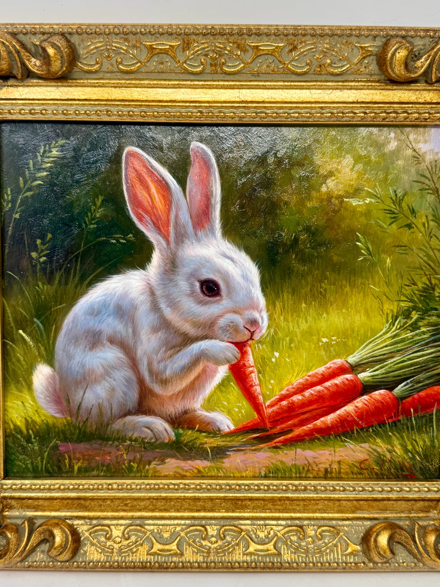 Framed Bunny Carrot Garden Painting Ornate Gold Frame Wall Art