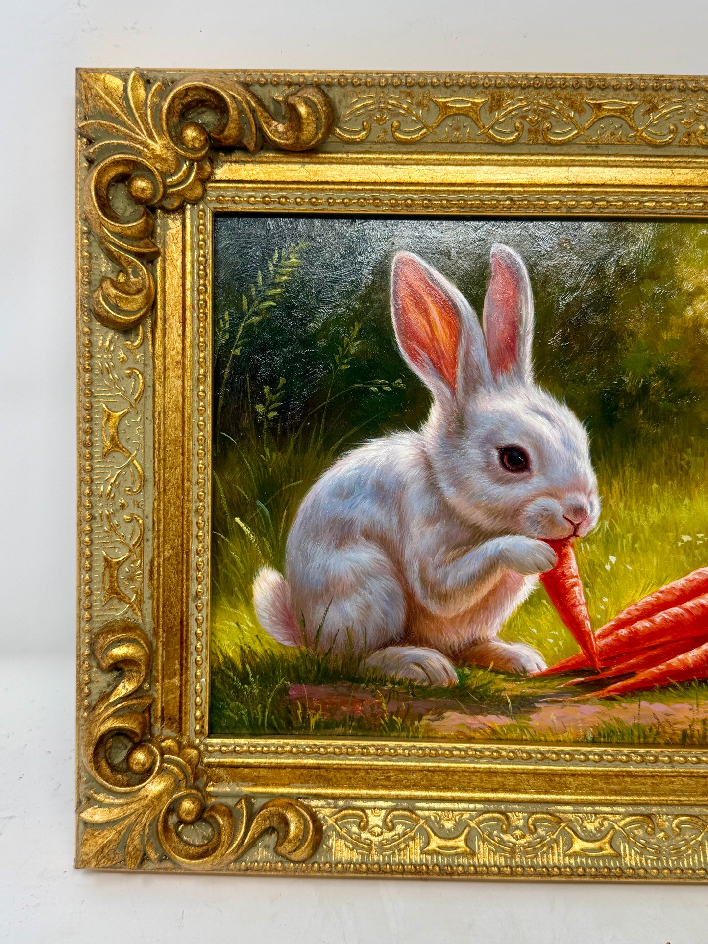 Framed Bunny Carrot Garden Painting Ornate Gold Frame Wall Art