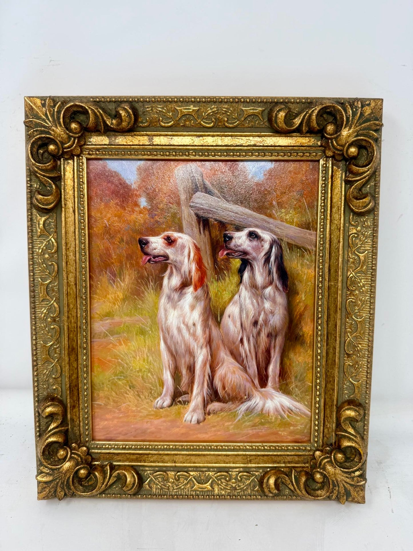 Framed Two Hunting Dogs Painting Gold Frame Wall Art
