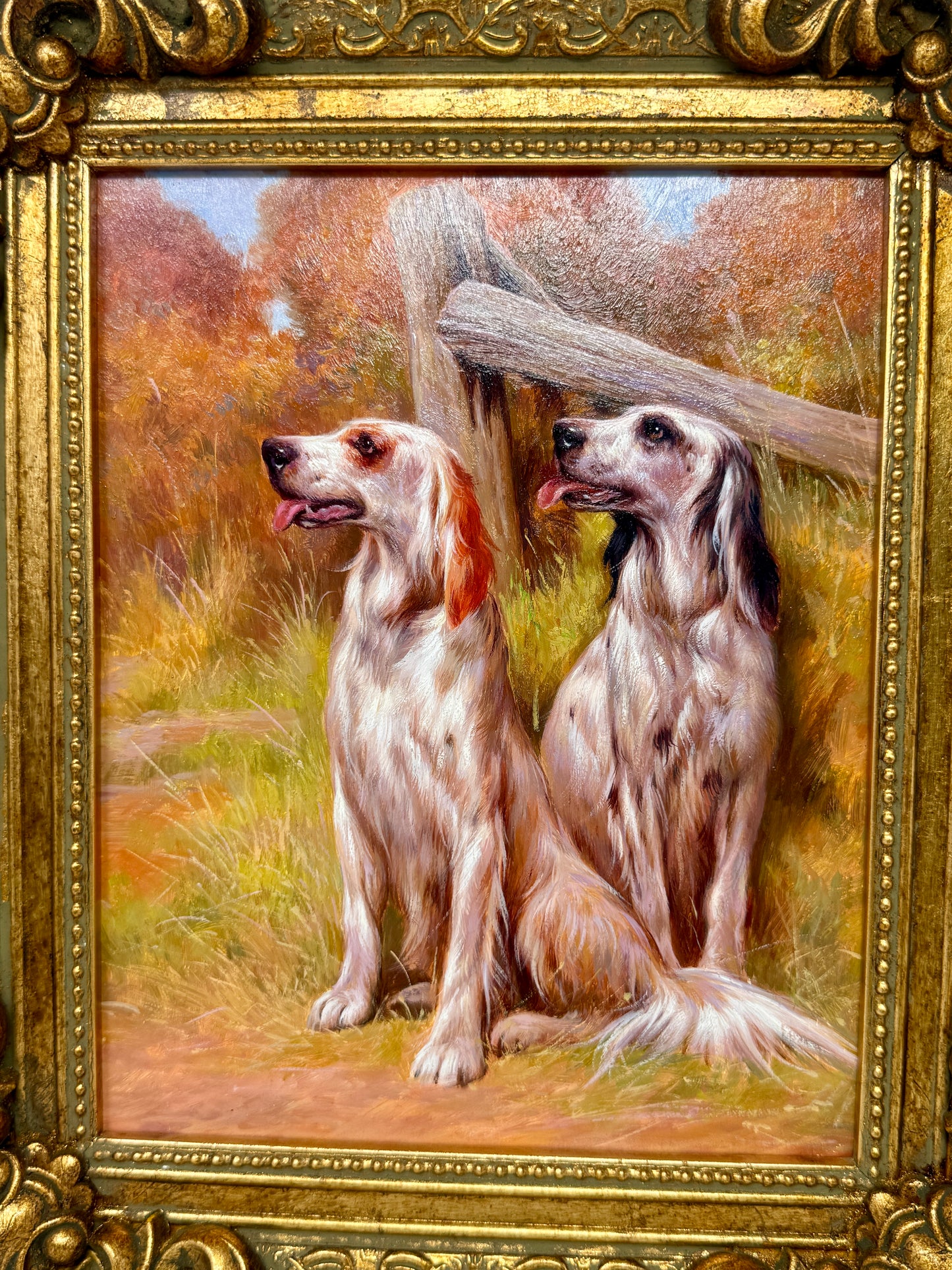 Framed Two Hunting Dogs Painting Gold Frame Wall Art