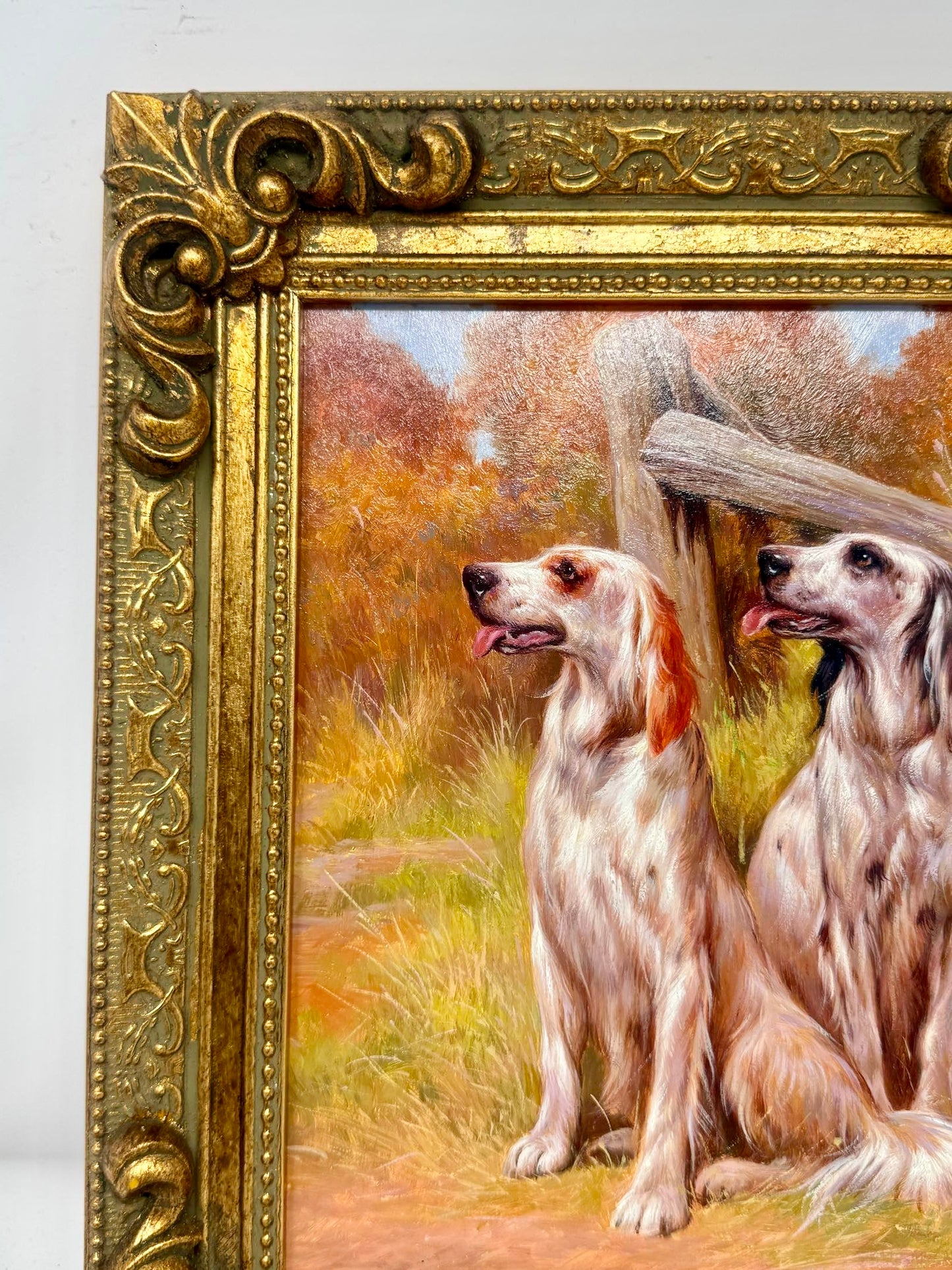 Framed Two Hunting Dogs Painting Gold Frame Wall Art