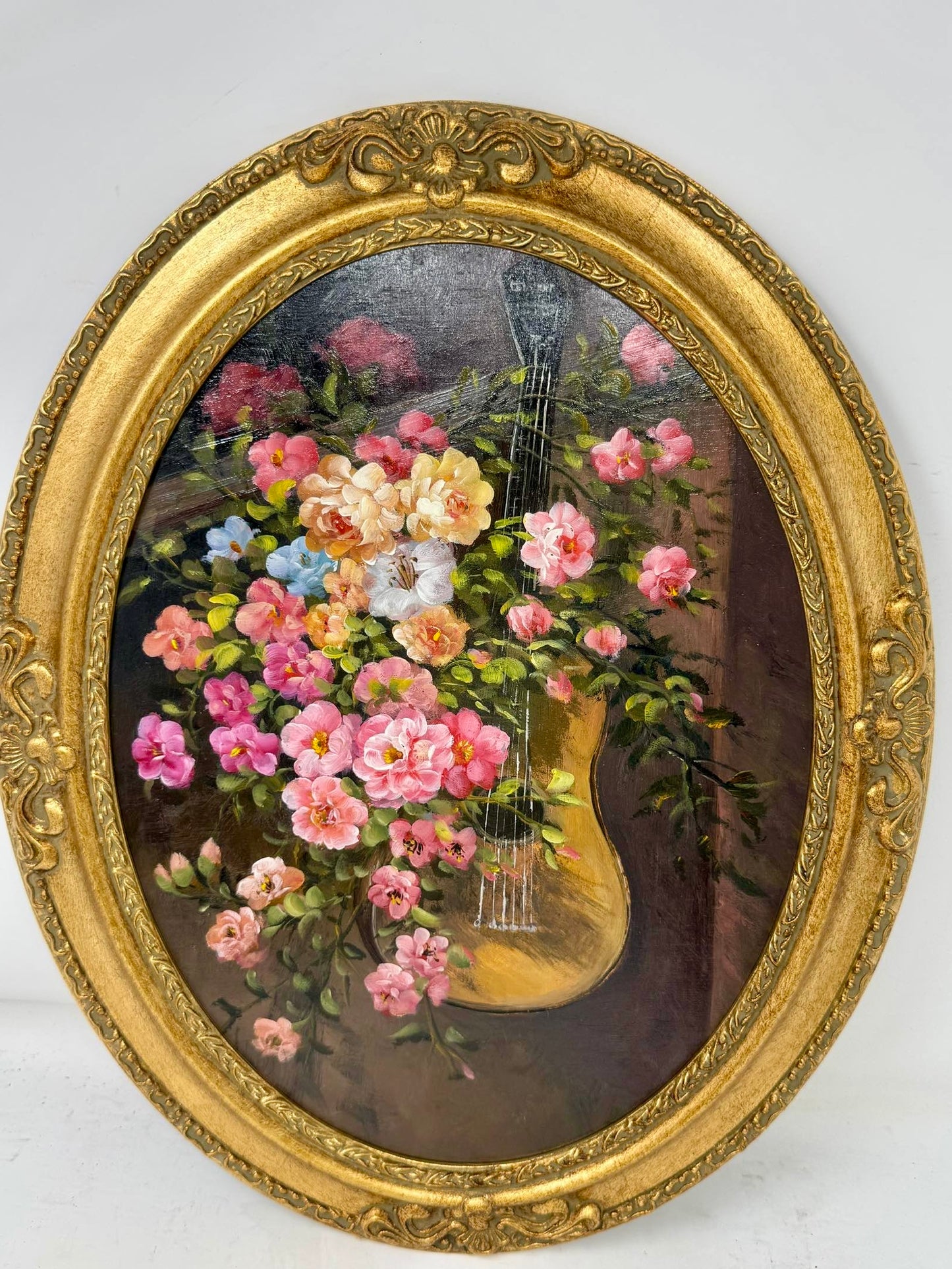 Framed Floral Wall Art in Ornate Oval Gold-Tone Frame
