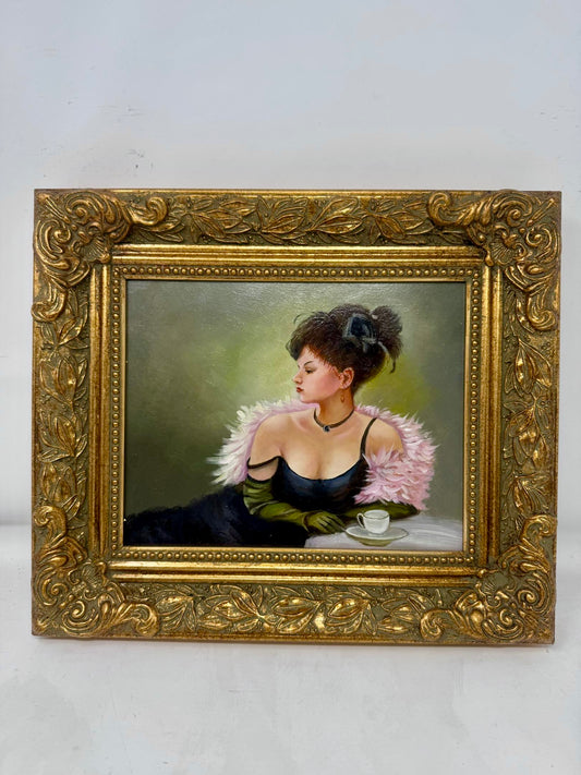 Framed Lady Portrait Painting Ornate Gold Frame Wall Art