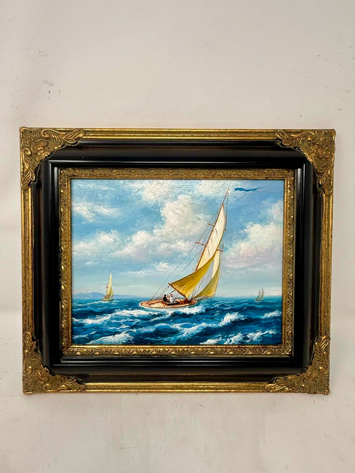 Framed Sailboat Seascape Painting Black Gold Frame Nautical Wall Art