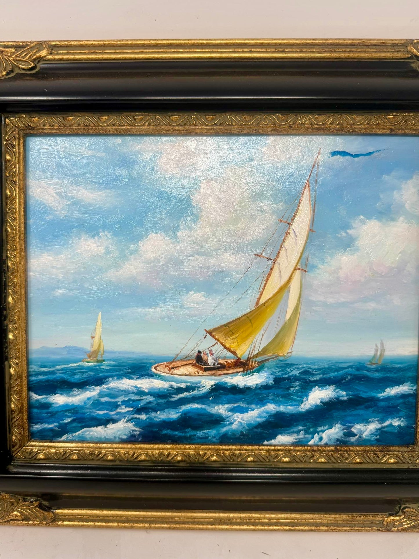Framed Sailboat Seascape Painting Black Gold Frame Nautical Wall Art