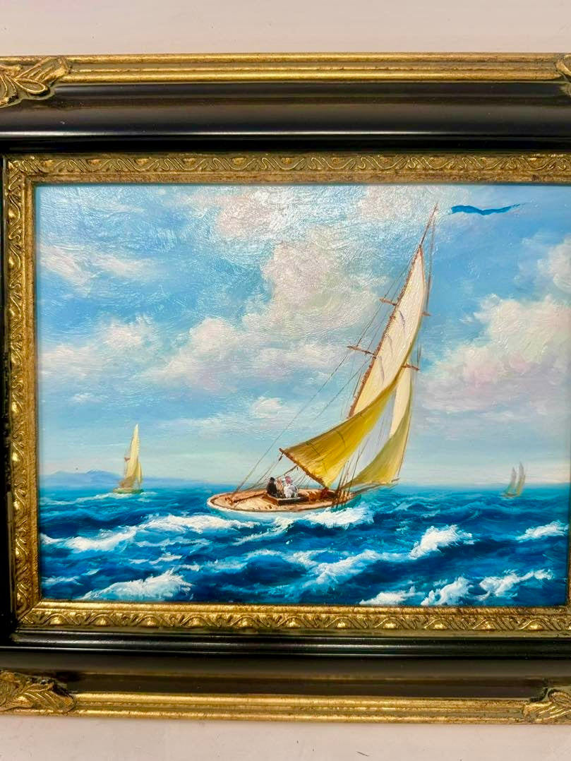 Sailing Into Blue Framed Sailboat Painting Black Gold Frame Wall Art