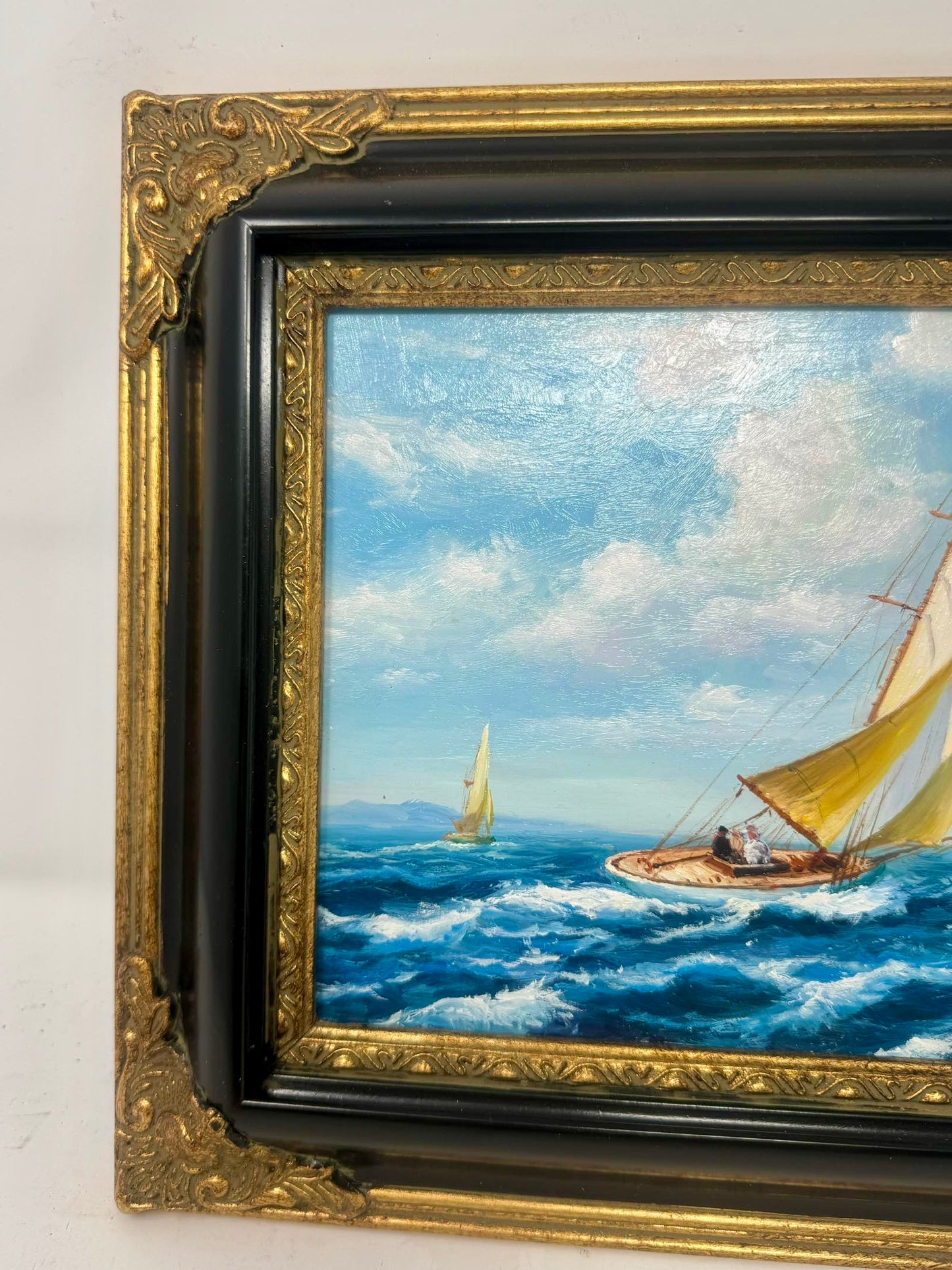 Framed Sailboat Seascape Painting Black Gold Frame Nautical Wall Art