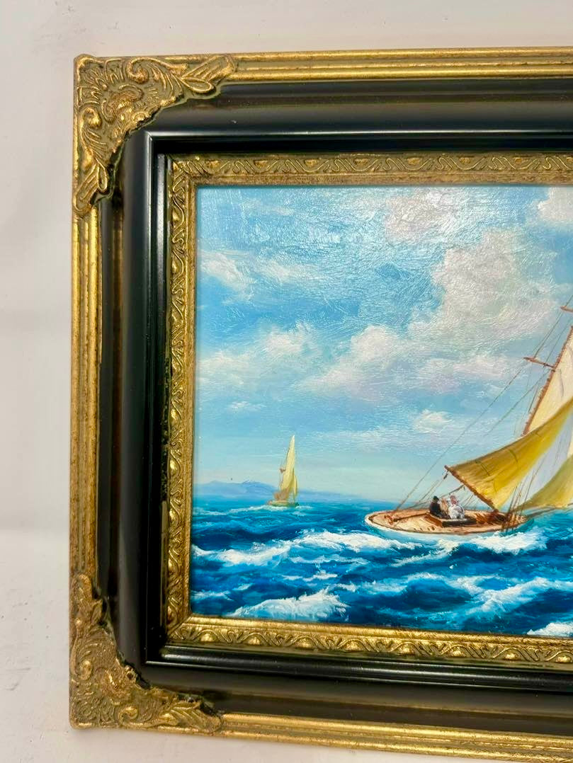 Sailing Into Blue Framed Sailboat Painting Black Gold Frame Wall Art