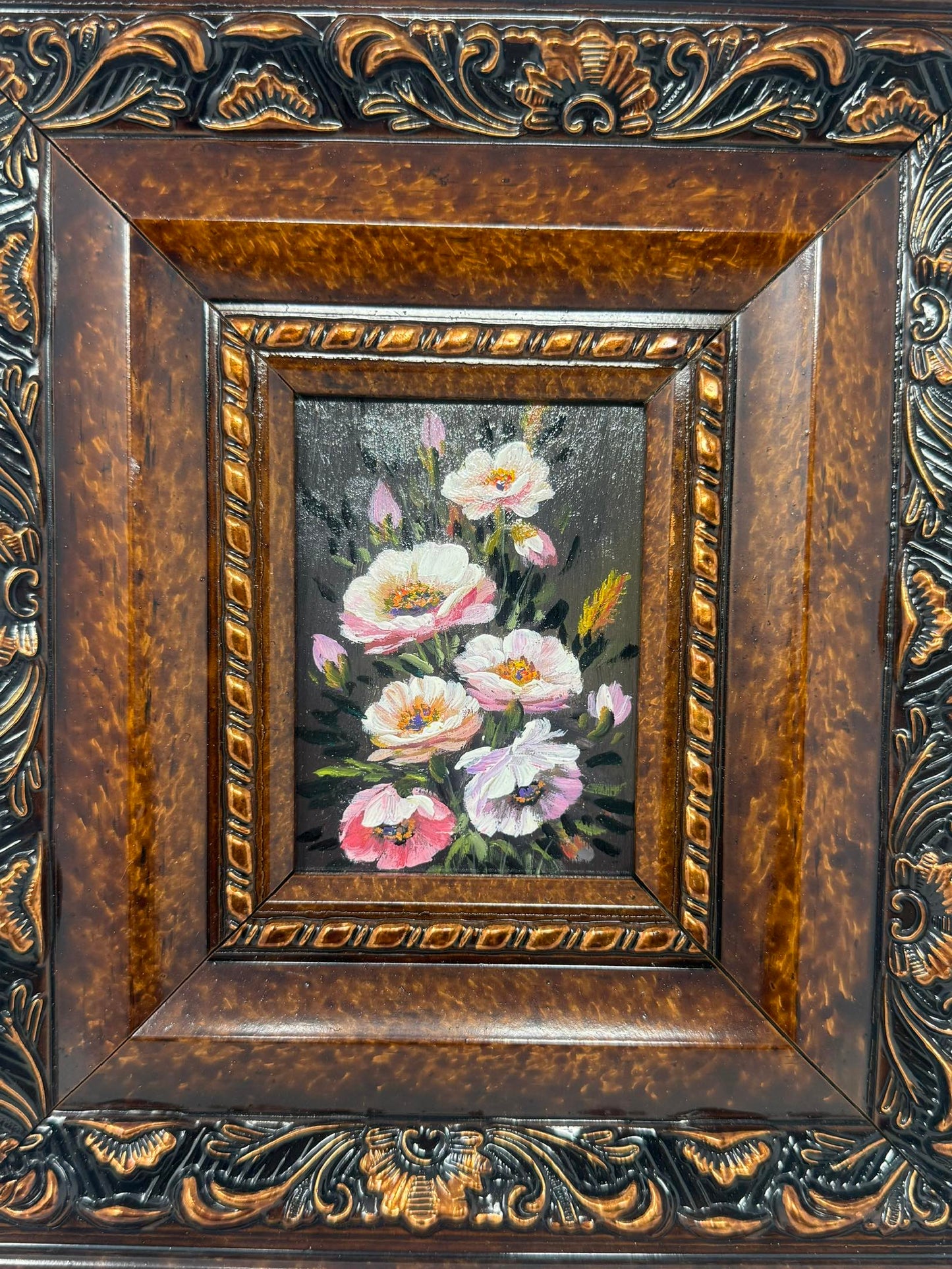 Petals in Shadow Framed Floral Painting Brown Gold Frame Wall Art