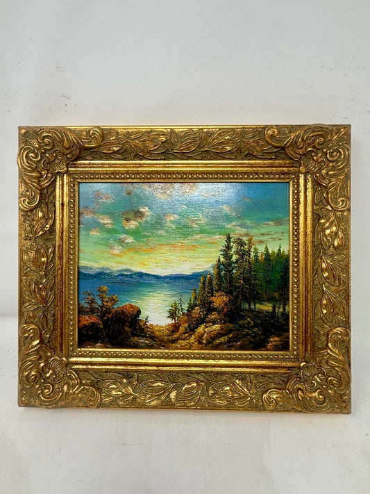 Beyond the Pines Framed Lake Landscape Painting Ornate Gold Frame Wall Art
