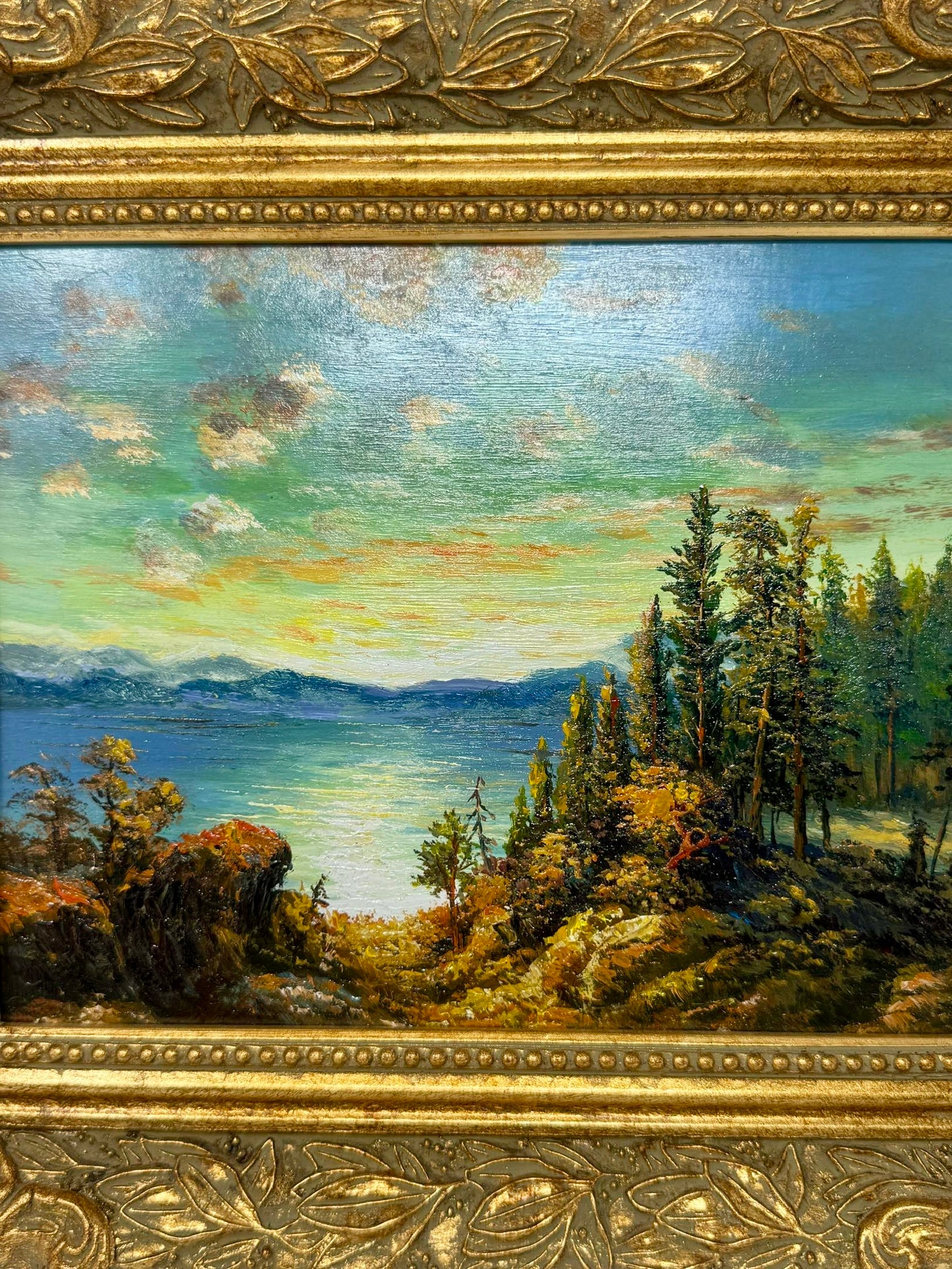 Beyond the Pines Framed Lake Landscape Painting Ornate Gold Frame Wall Art