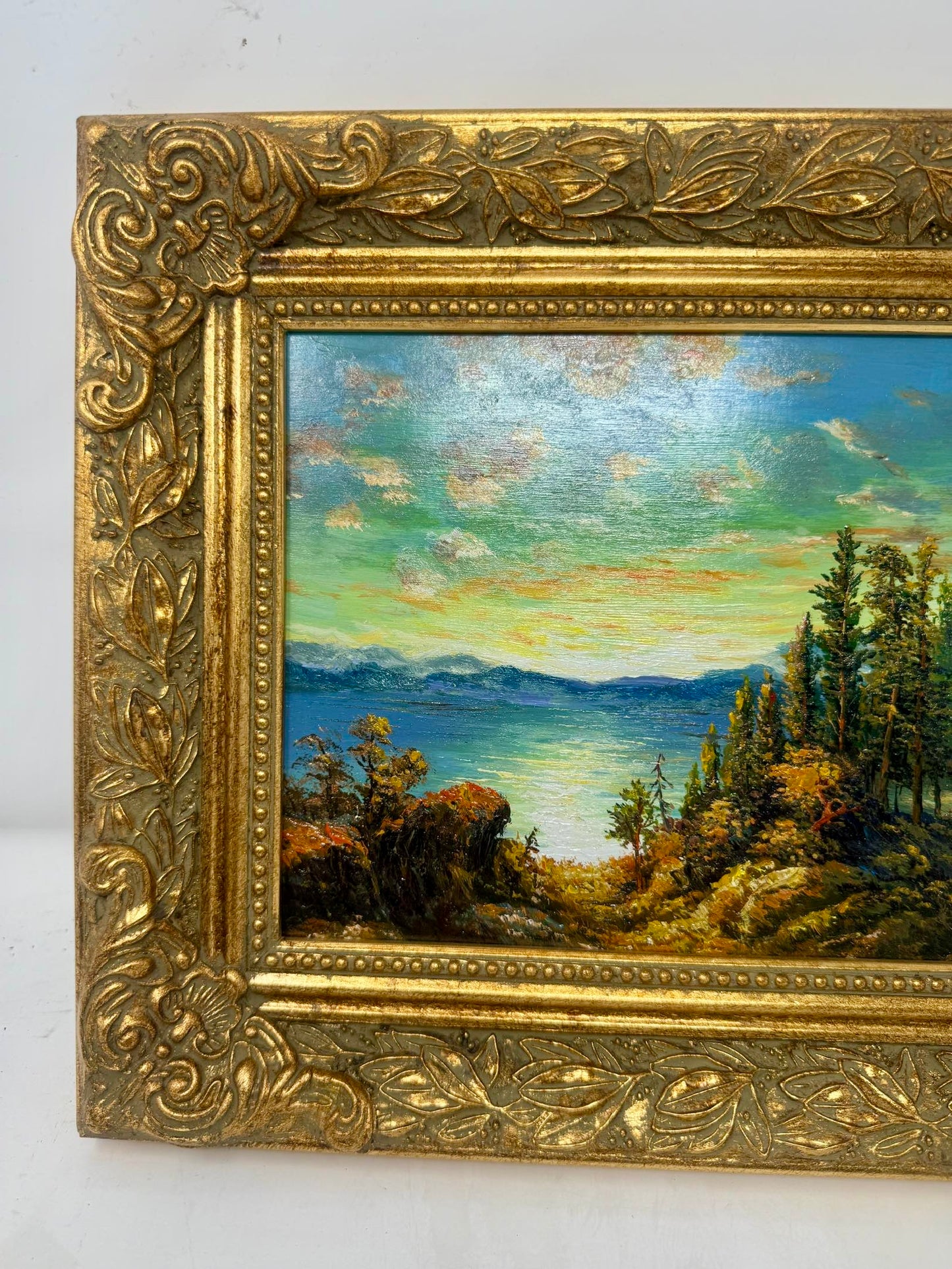 Beyond the Pines Framed Lake Landscape Painting Ornate Gold Frame Wall Art