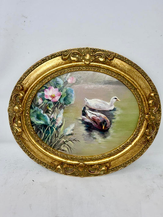 Quiet Companions on the Pond – Framed Oval Duck Painting