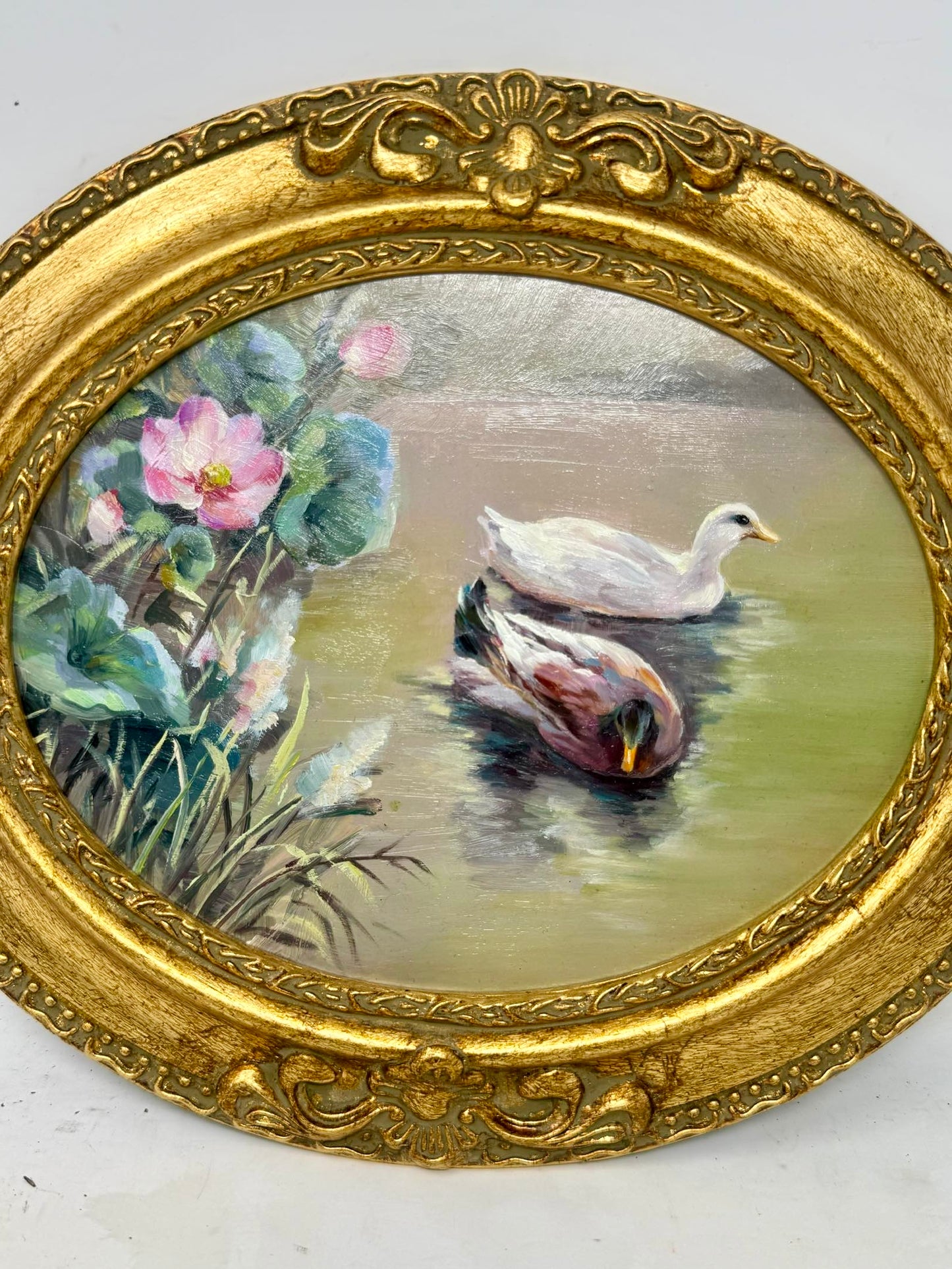 Quiet Companions on the Pond – Framed Oval Duck Painting