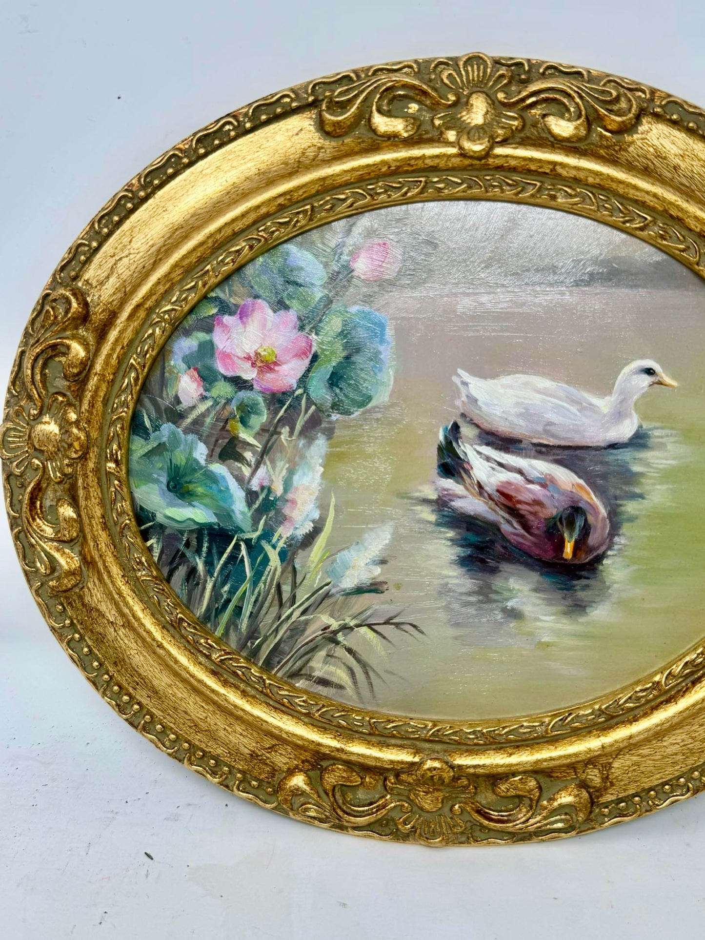 Quiet Companions on the Pond – Framed Oval Duck Painting