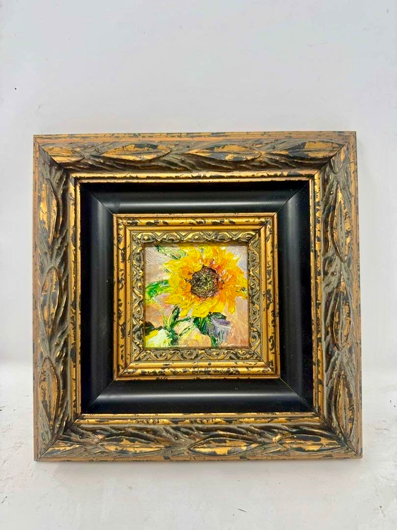Sunflower Oil Painting Framed 4x4 Mini Floral Art Ornate Gold Black 9x9 Frame