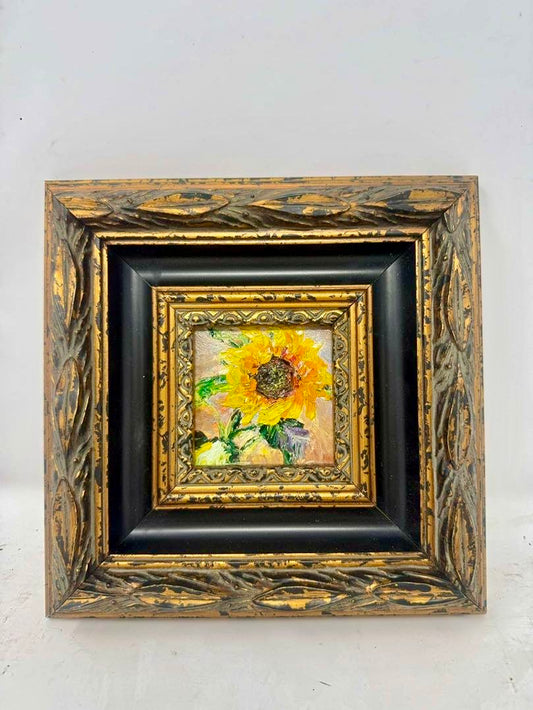 Sunflower Oil Painting Framed 4x4 Mini Floral Art Ornate Gold Black 9x9 Frame