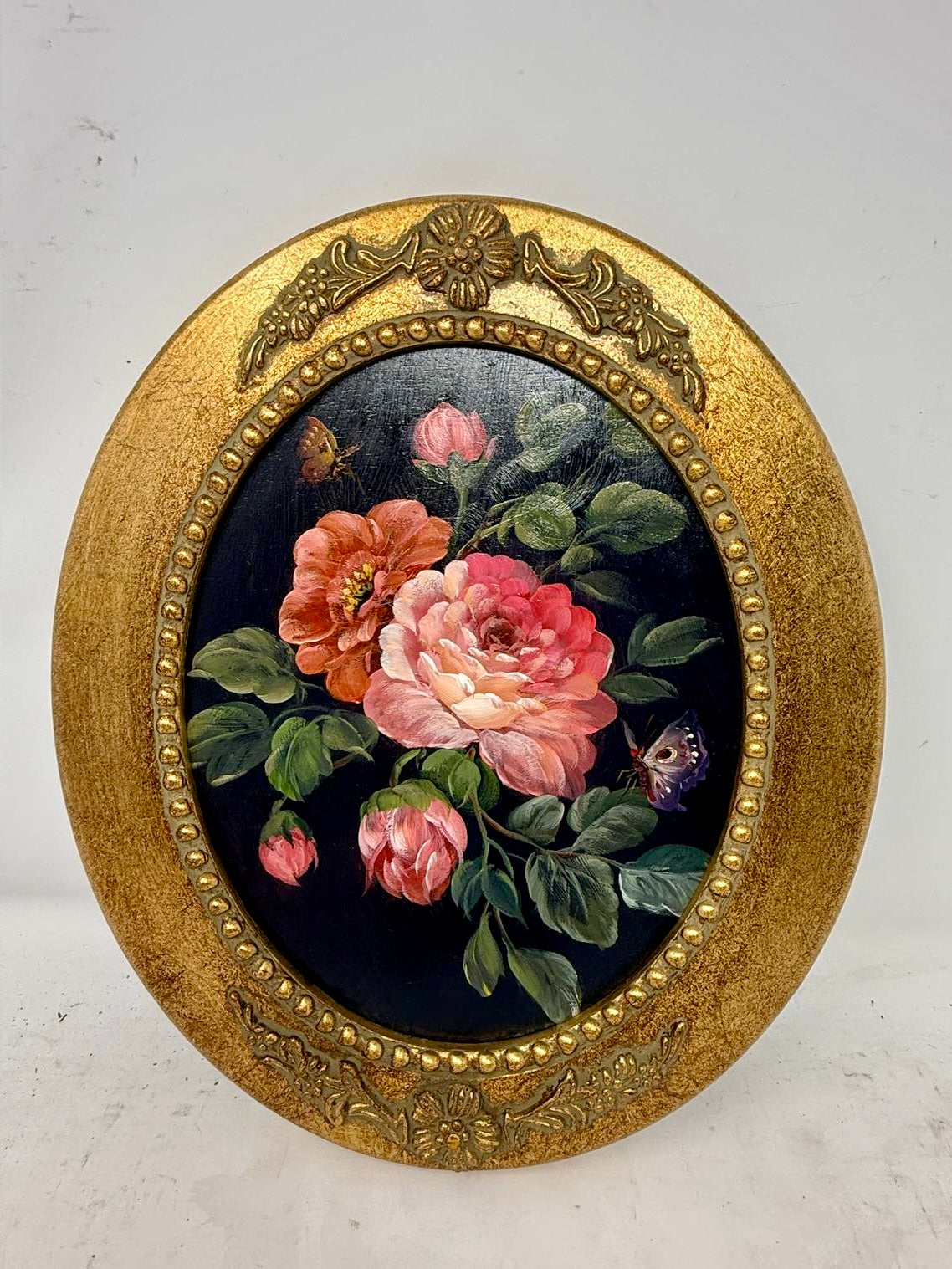 Fluttering Garden | Framed Oval Pink Floral Oil Painting