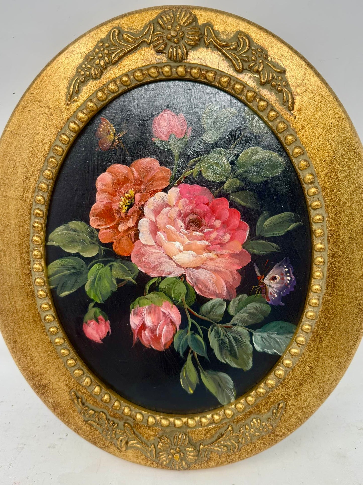 Fluttering Garden | Framed Oval Pink Floral Oil Painting
