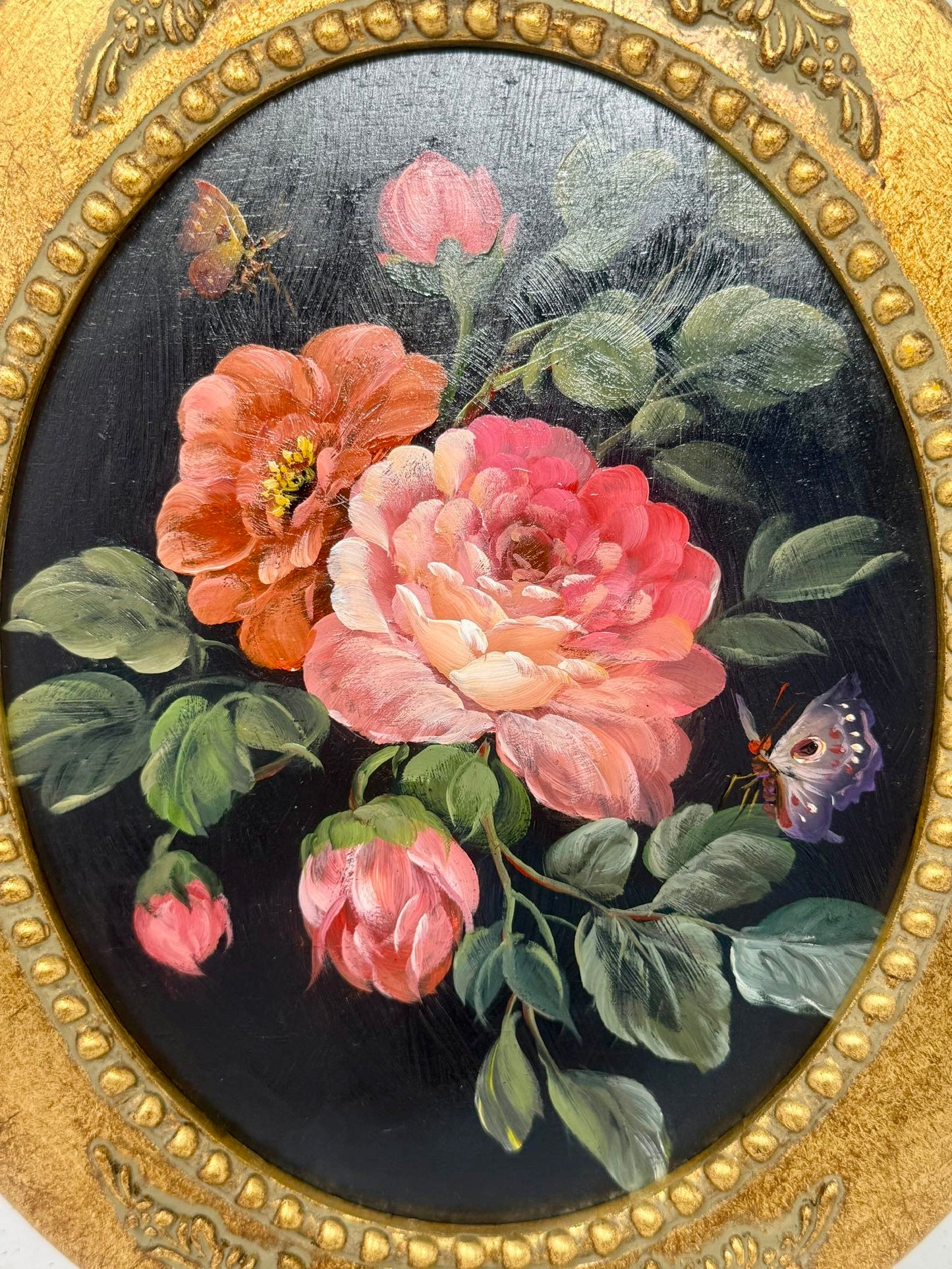 Fluttering Garden | Framed Oval Pink Floral Oil Painting