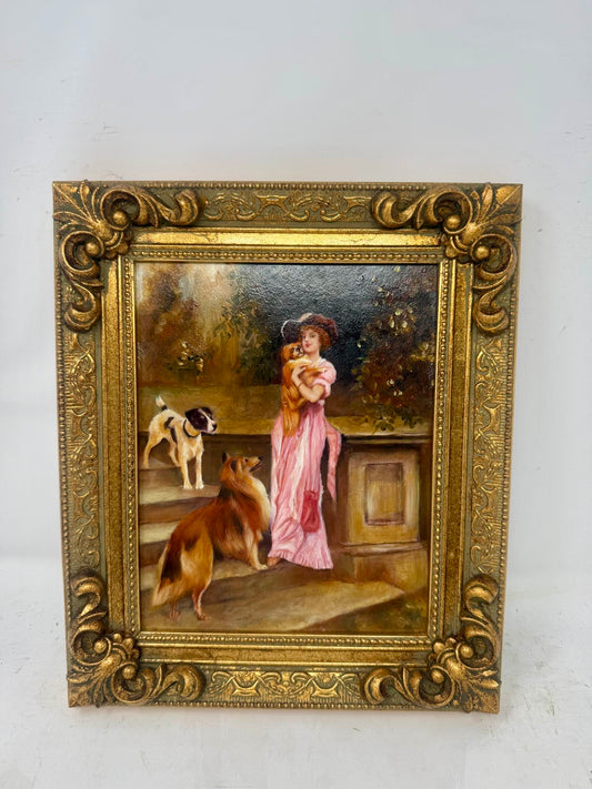 Garden Companions | Framed Lady & Dogs Oil Painting in Ornate Gold Frame